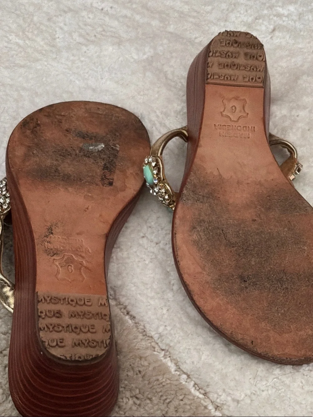 Mystique Gold-Tone Sandals with Mint Gem Accents